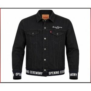 Levis Opening Ceremony 2002 Mens Black Denim Trucker Jacket Logo Hem XL